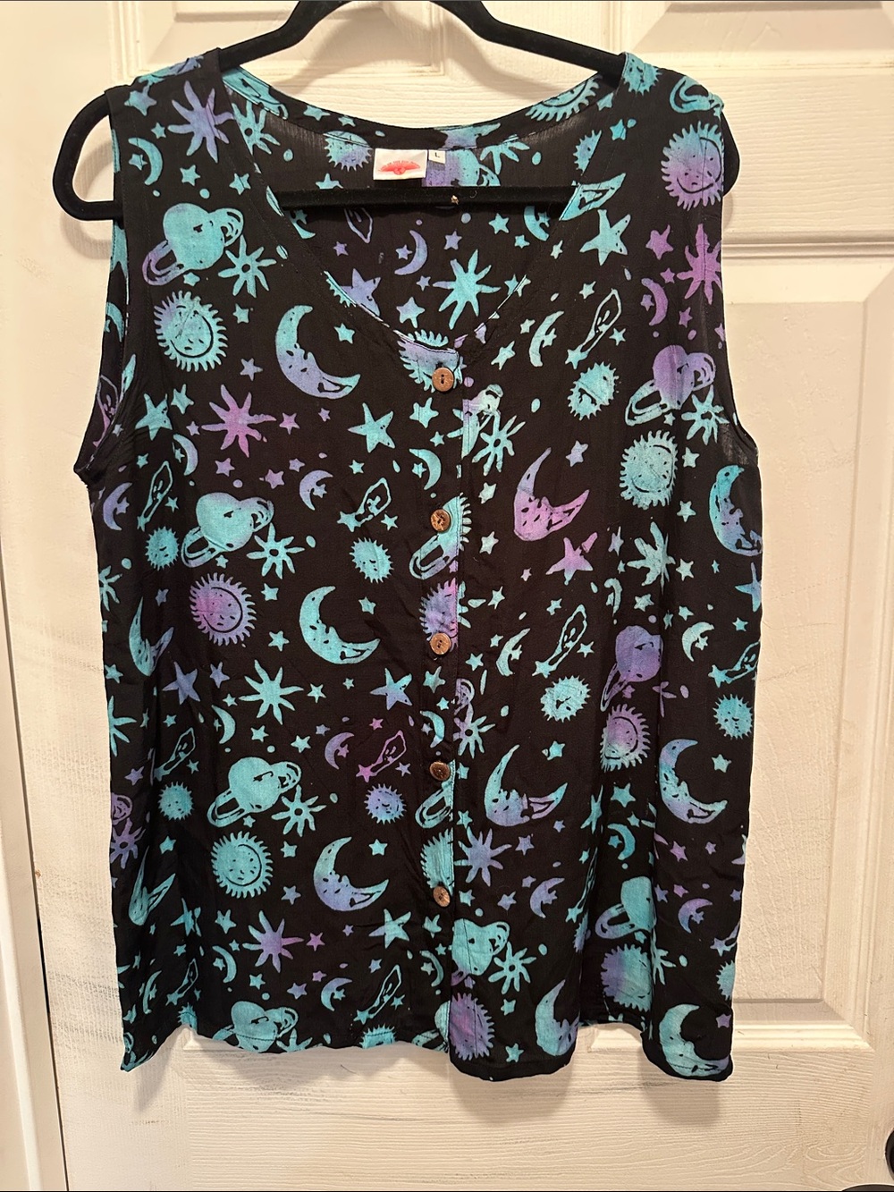 Celestial Button-Front Sleeveless Batik Top - Black with Teal & Purple Whimsy